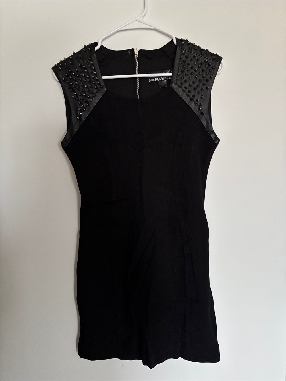Parasuco Black Mini Dress with Studded Faux-Leather Shoulders